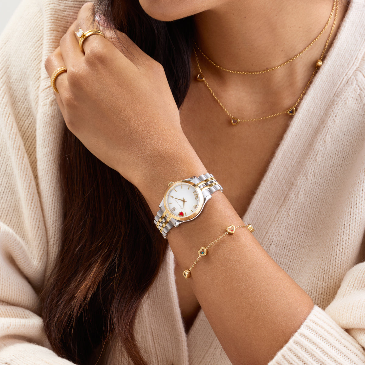 Floating Birthstone Multi Heart Bracelet (Gold)