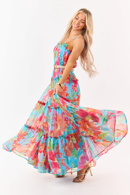 Flying Tomato Azure Floral Print Chiffon Maxi Dress