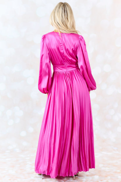 Flying Tomato Fuchsia Pleated Leg Long Puff Sleeve Jumpsuit