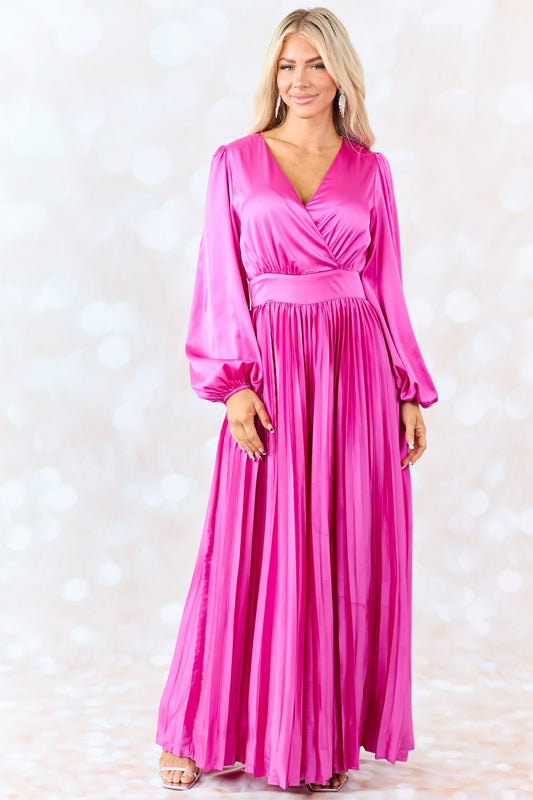 Flying Tomato Fuchsia Pleated Leg Long Puff Sleeve Jumpsuit