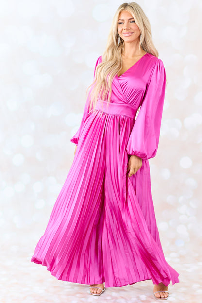 Flying Tomato Fuchsia Pleated Leg Long Puff Sleeve Jumpsuit
