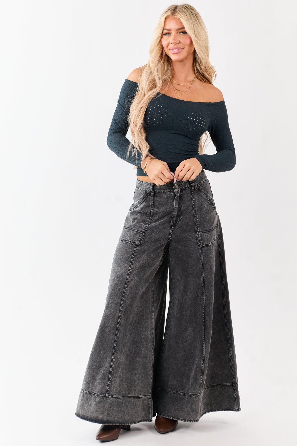 Forest Green Pointelle Off Shoulder Long Sleeve Top