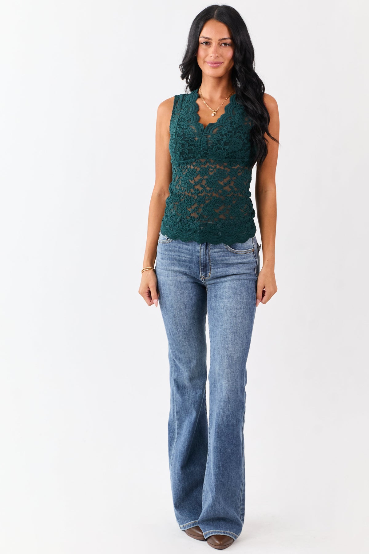 Forest Green Sheer Lace V-Neck Cinched Bust Tank Top