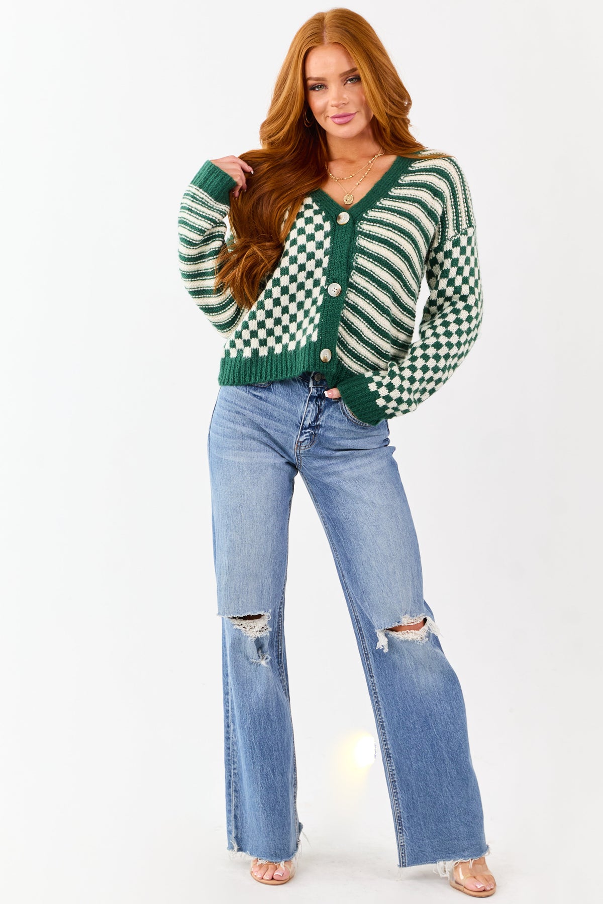 Forest Green Striped and Checkered Cardigan