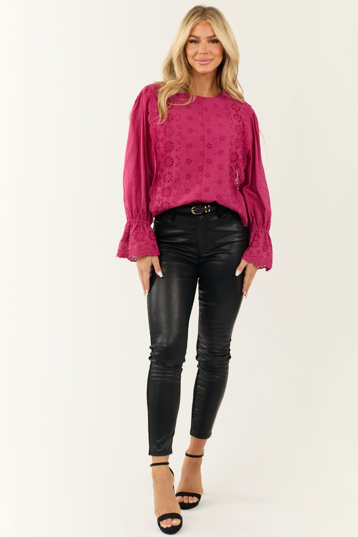 Fuchsia Eyelet Lace Long Sleeve Top with Tie Back