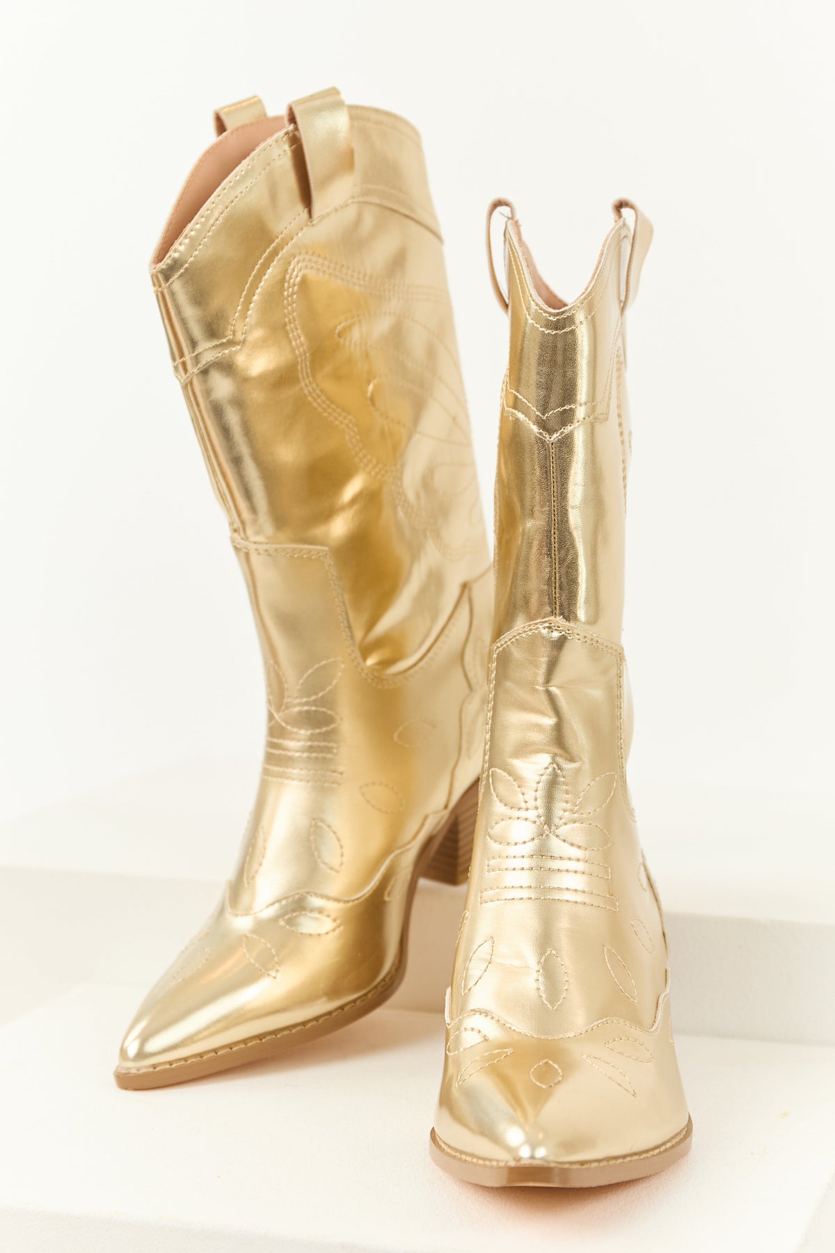 Gold Faux Leather Pointed Toe Cowboy Boots