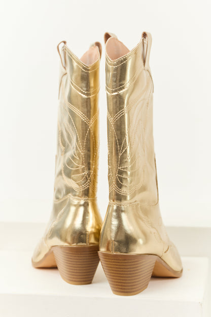 Gold Faux Leather Pointed Toe Cowboy Boots