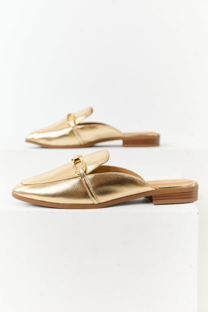 Gold Metallic Faux Leather Chain Link Mule Flats