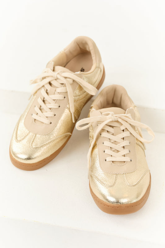 Gold and Beige Lace Up Low Top Sneakers