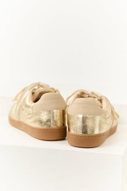 Gold and Beige Lace Up Low Top Sneakers