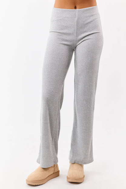 Cloud Grey Rib Knit Elastic Waist Wide Leg Pants