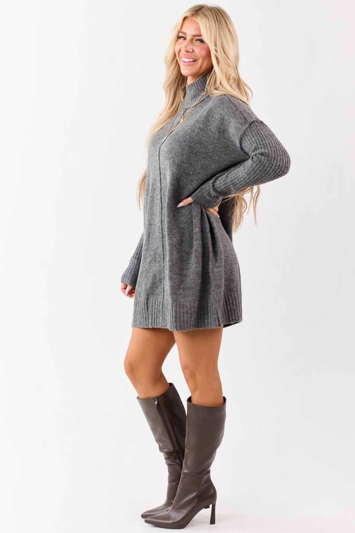 Heathered Charcoal Mock Neck Mini Sweater Dress