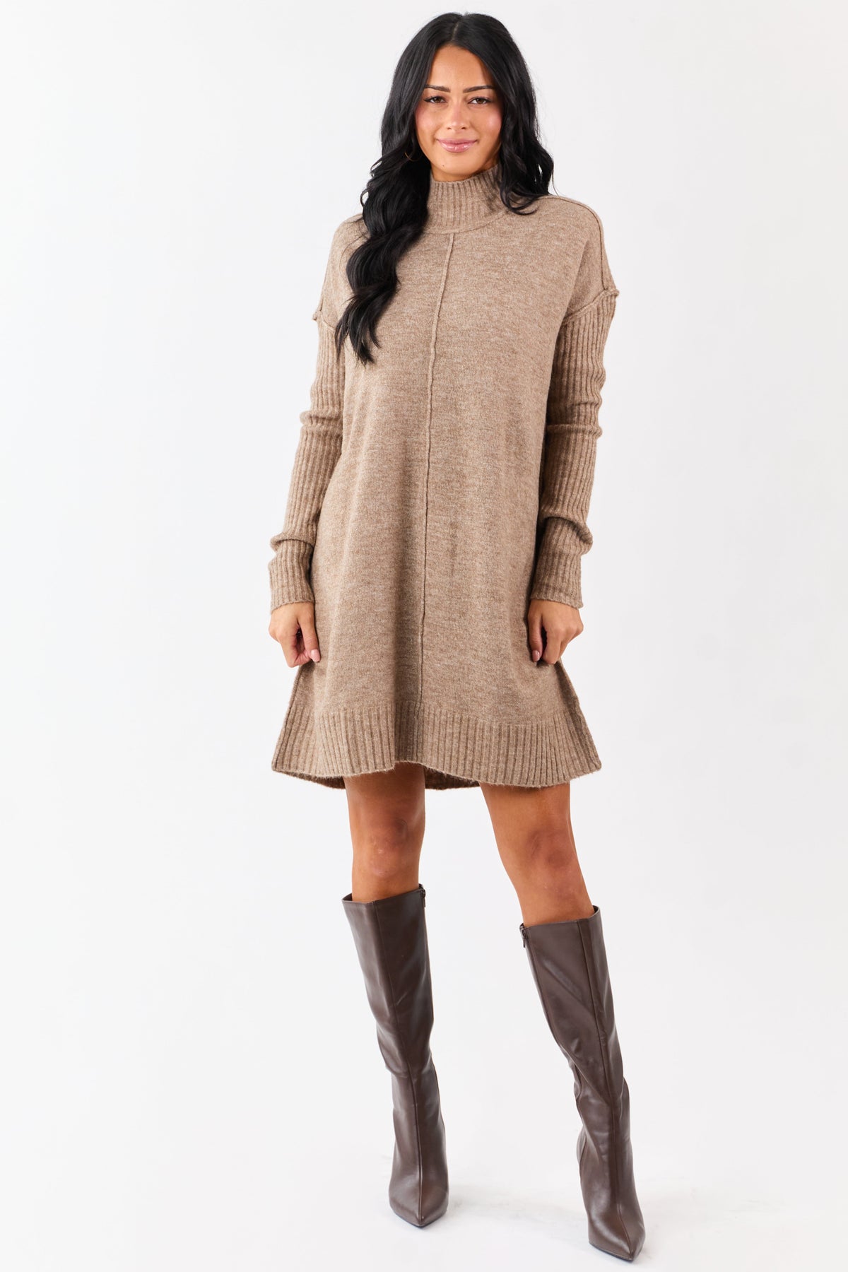 Heathered Coffee Mock Neck Mini Sweater Dress