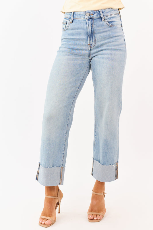Hidden Premium Light Wash Cuffed Straight Jeans