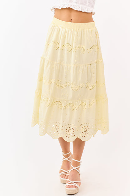 Honeysuckle Cotton Eyelet Lace Tiered Midi Skirt