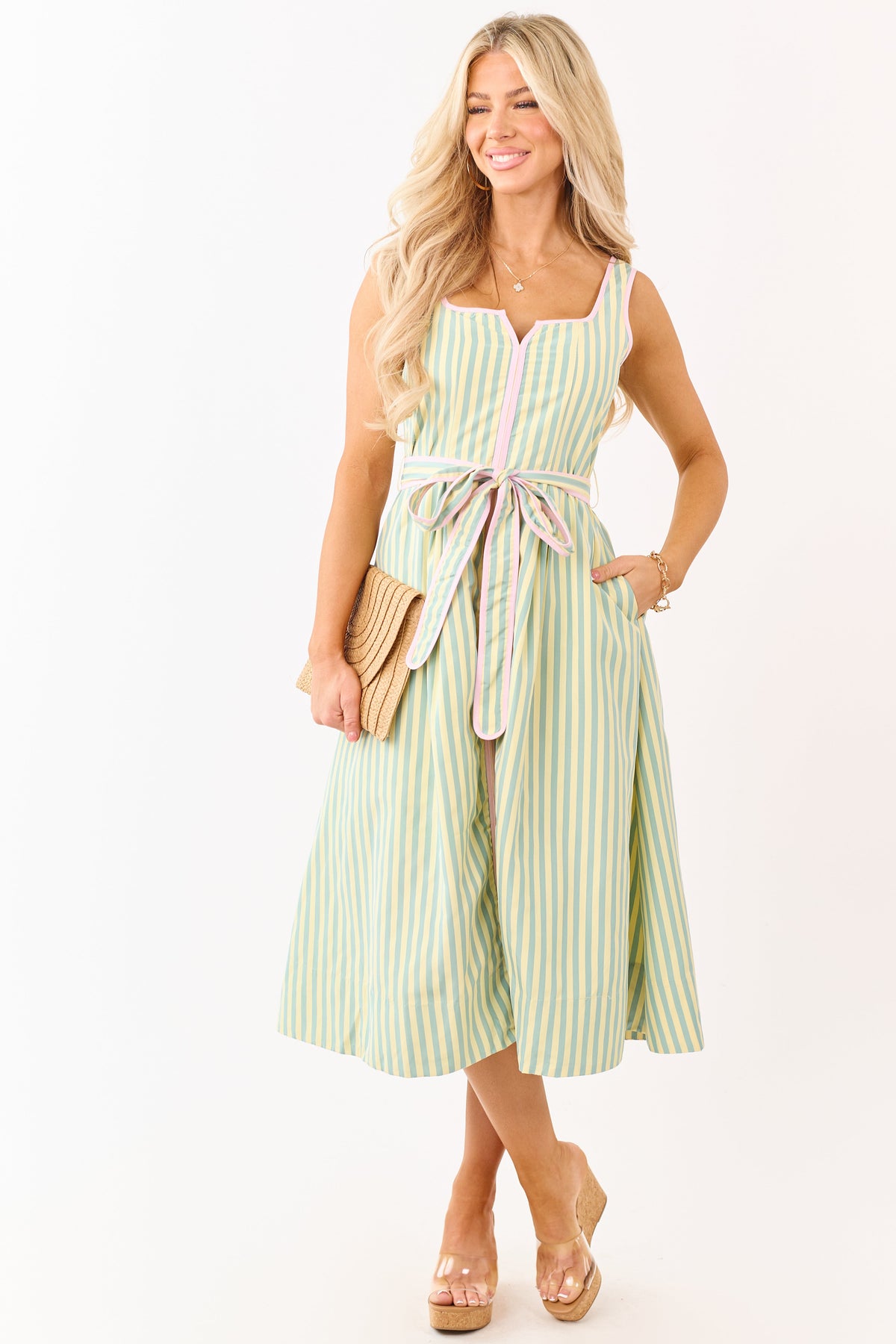 Honeysuckle Striped Notch Neck Waist Tie Midi Dress