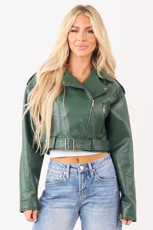 Hunter Green Faux Leather Zip Up Cropped Jacket