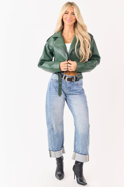 Hunter Green Faux Leather Zip Up Cropped Jacket