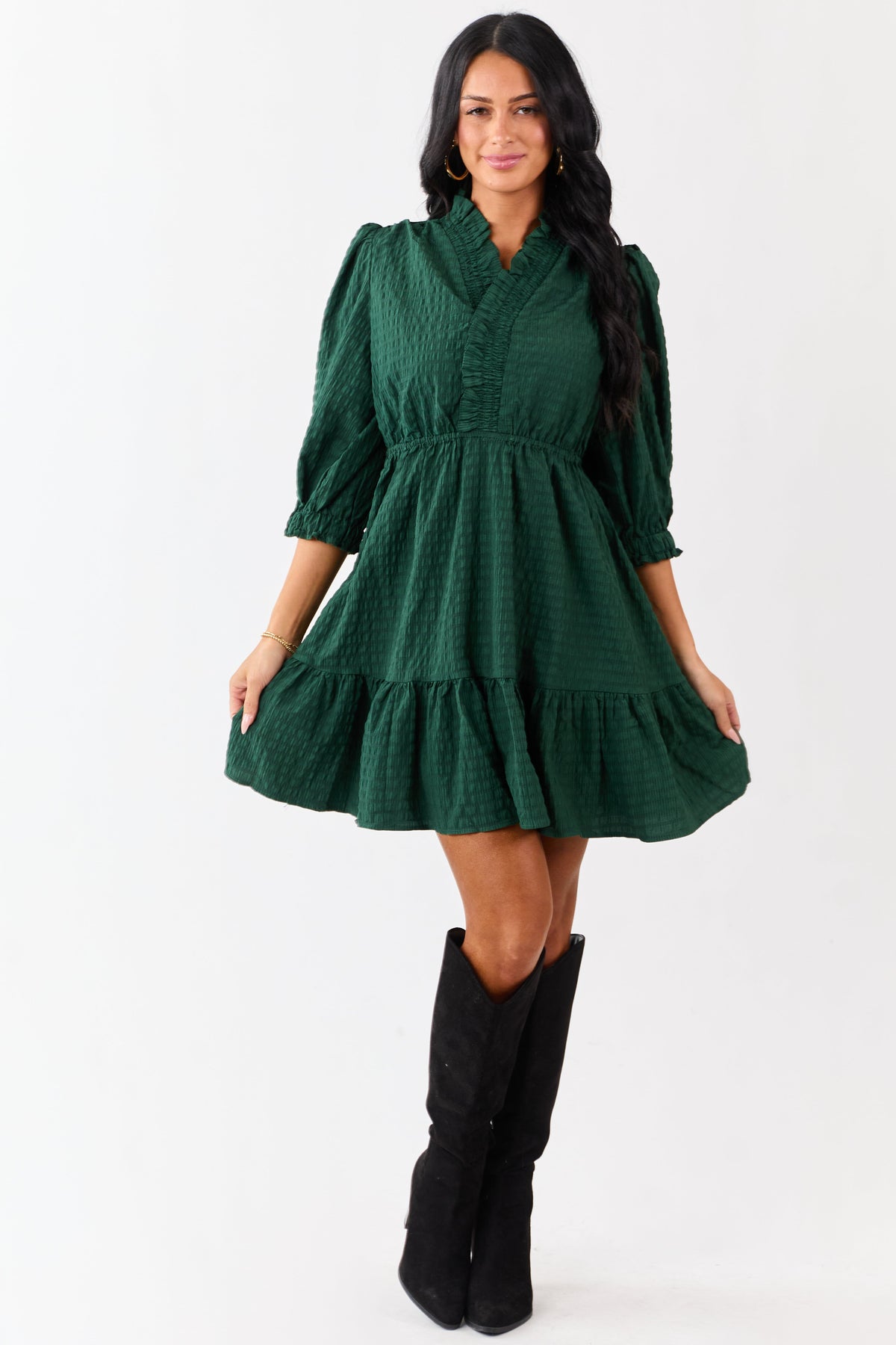 Hunter Green Surplice Neck 3/4 Bubble Sleeve Mini Dress