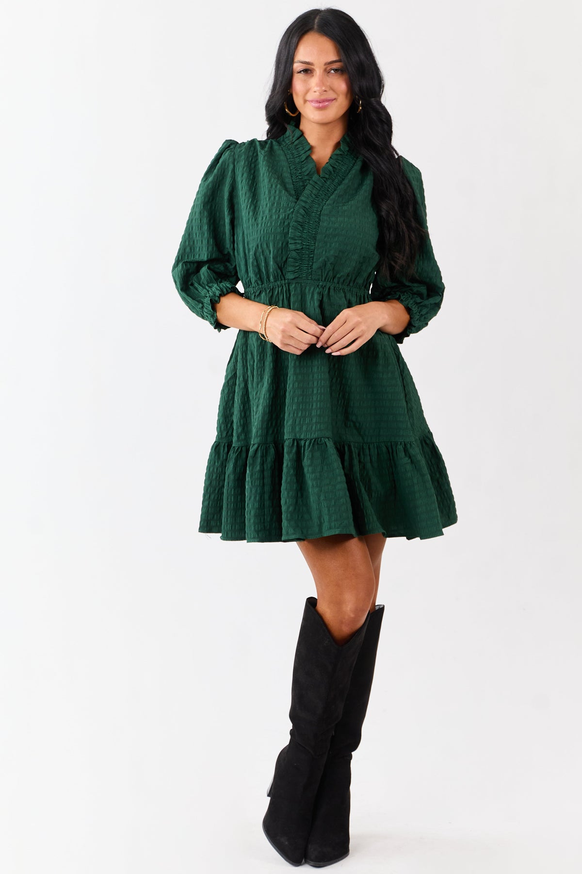 Hunter Green Surplice Neck 3/4 Bubble Sleeve Mini Dress