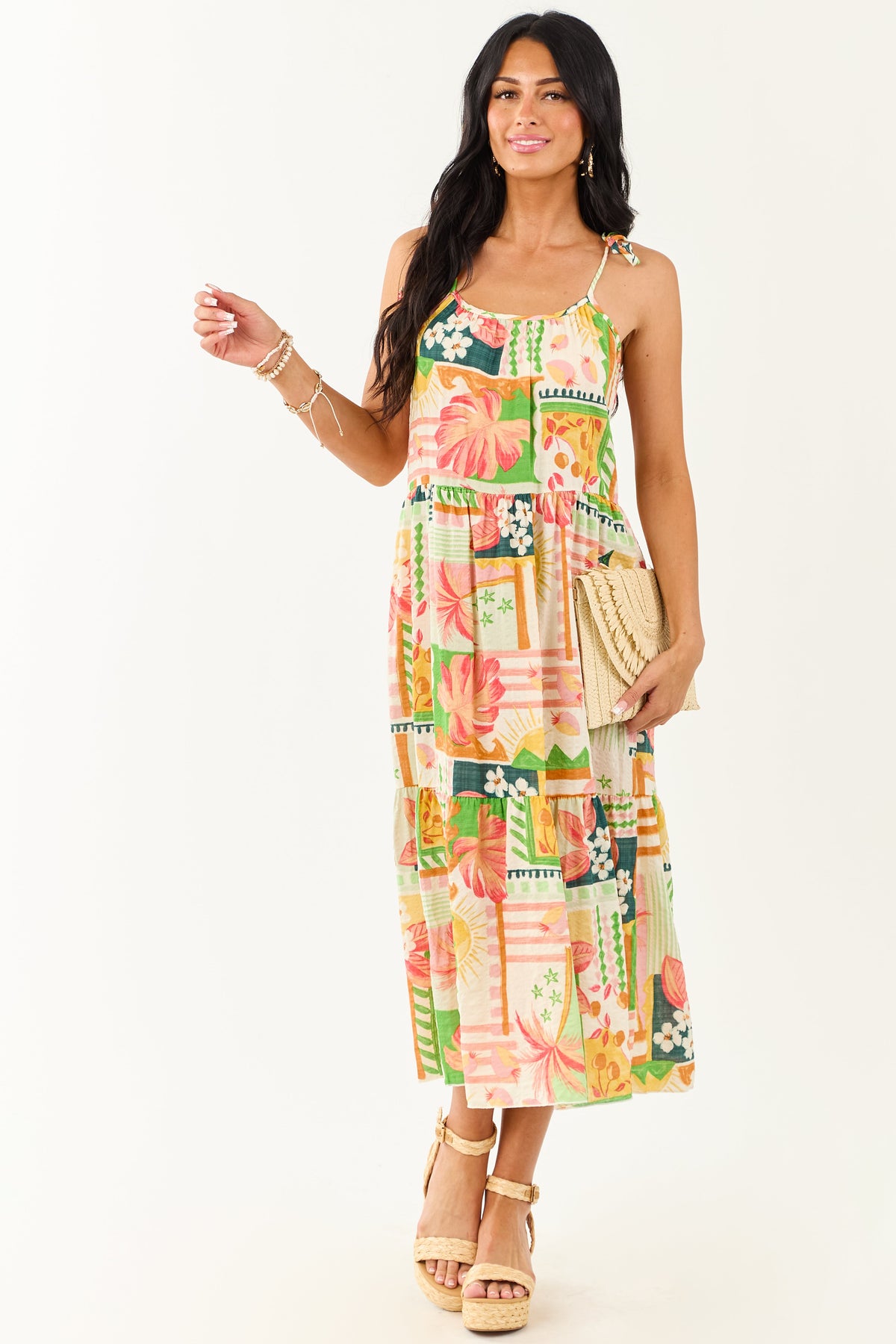 Ivory Abstract Print Tie Straps Midi Dress