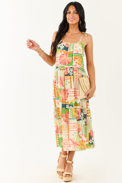 Ivory Abstract Print Tie Straps Midi Dress