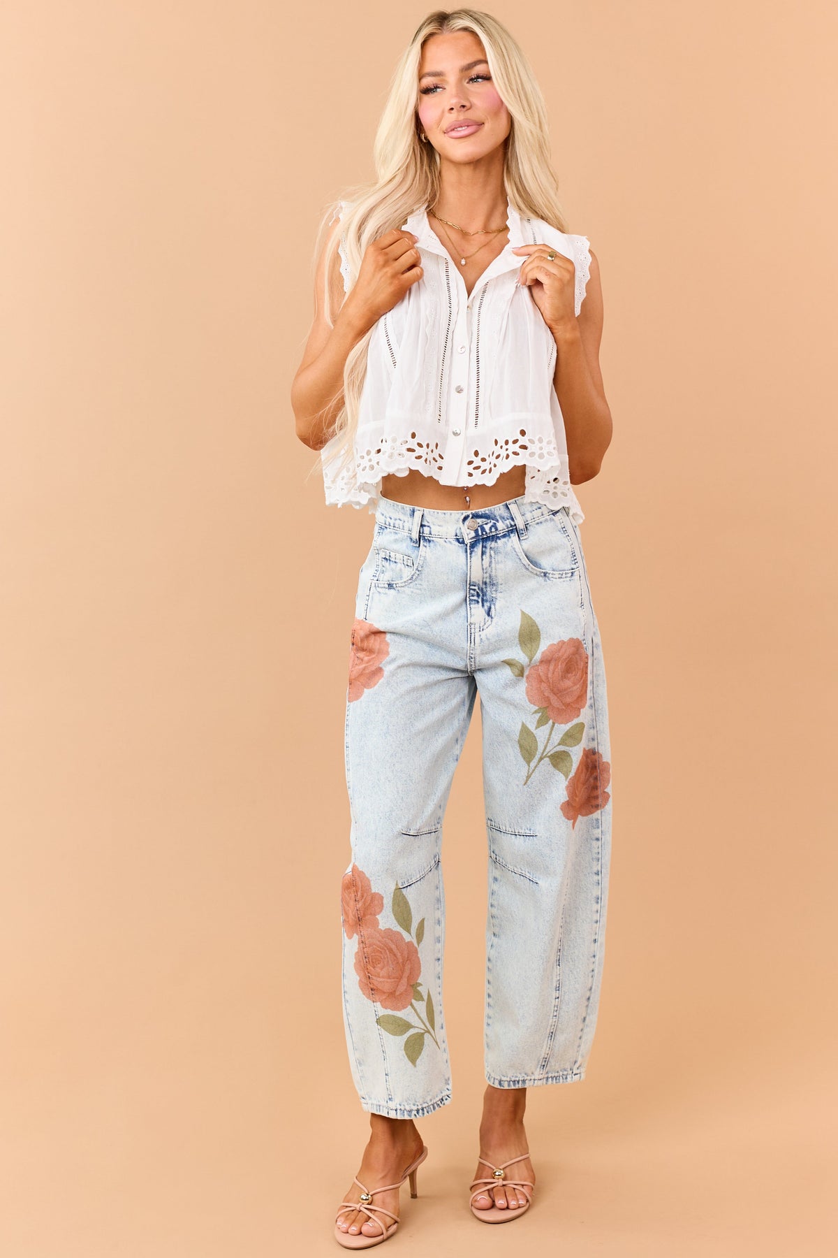 Ivory Cotton Button Down Eyelet Lace Trim Tank Top
