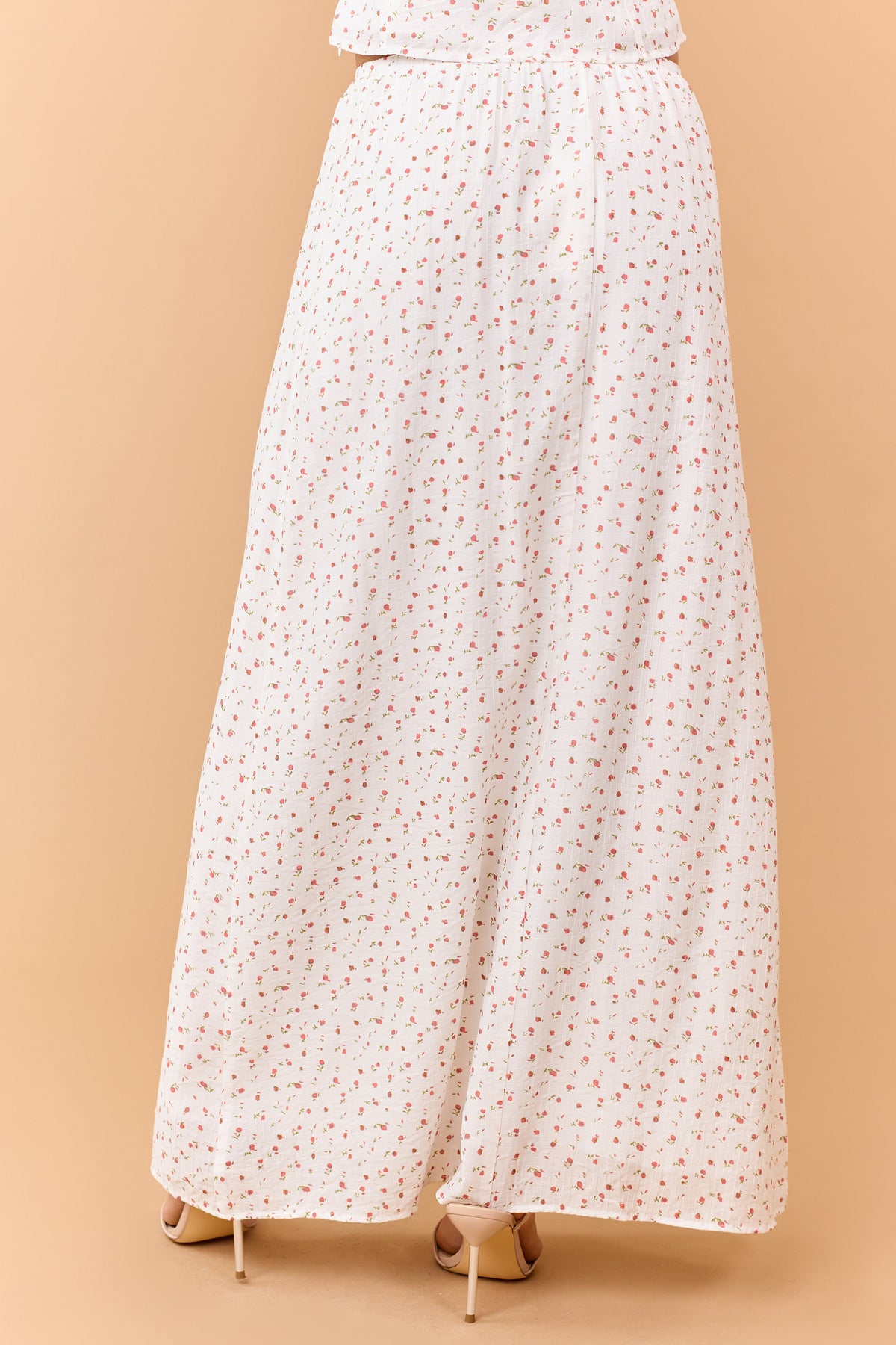 Ivory Ditsy Floral Print Elastic Waist Maxi Skirt