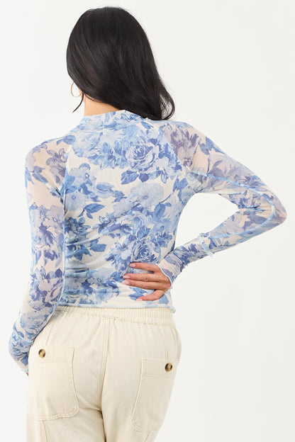 Ivory Floral Print Mock Neck Long Sleeve Top