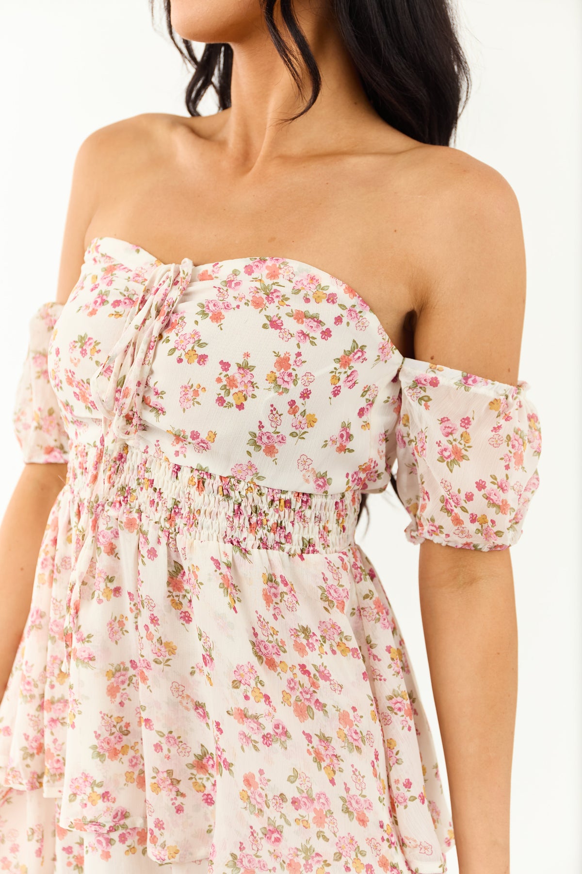 Ivory Floral Print Off the Shoulder Mini Dress