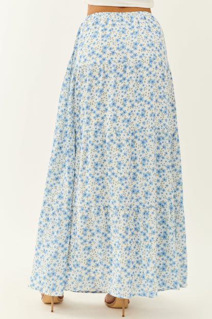 Ivory Floral Print Tiered Flowy Maxi Skirt