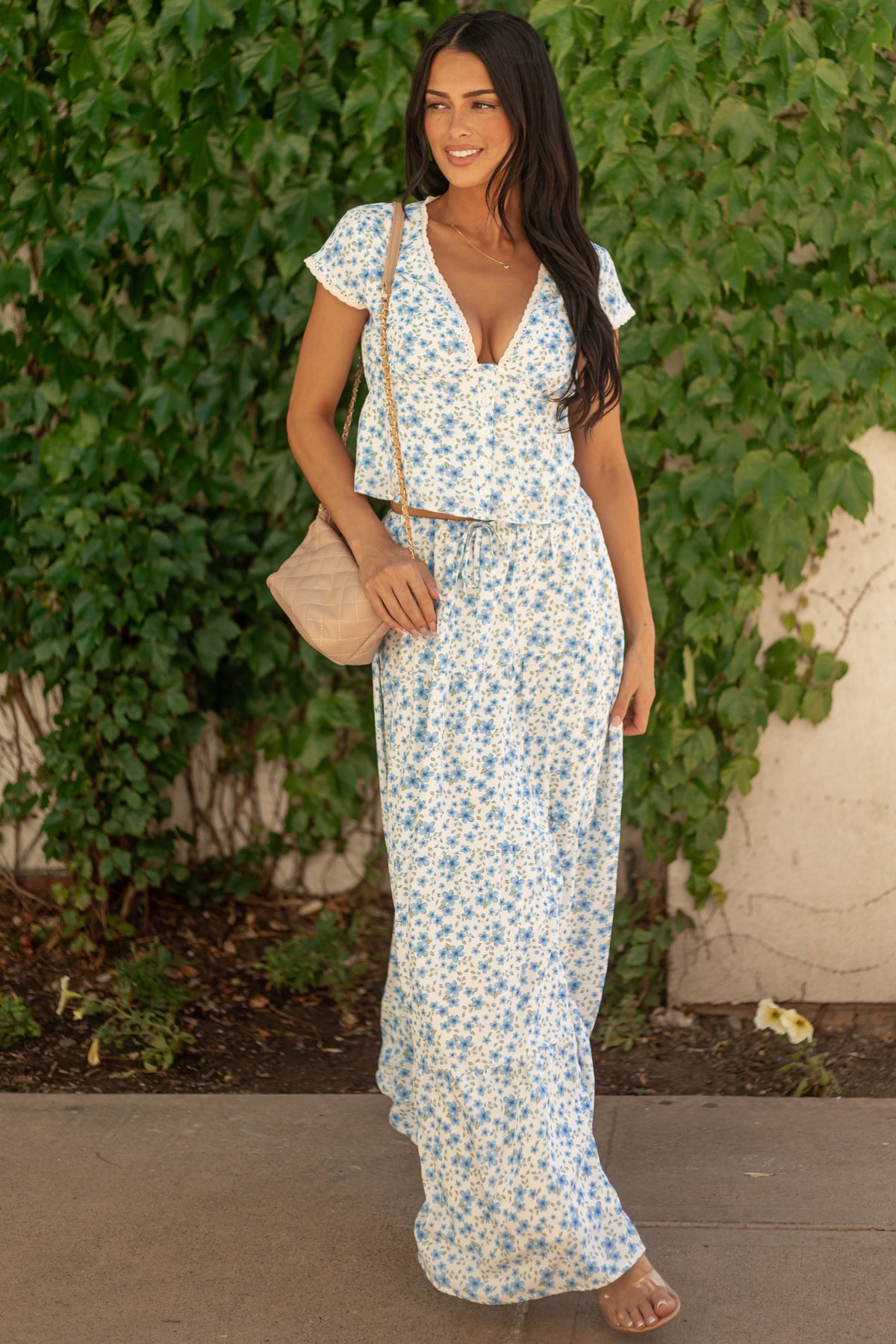 Ivory Floral Print Tiered Flowy Maxi Skirt