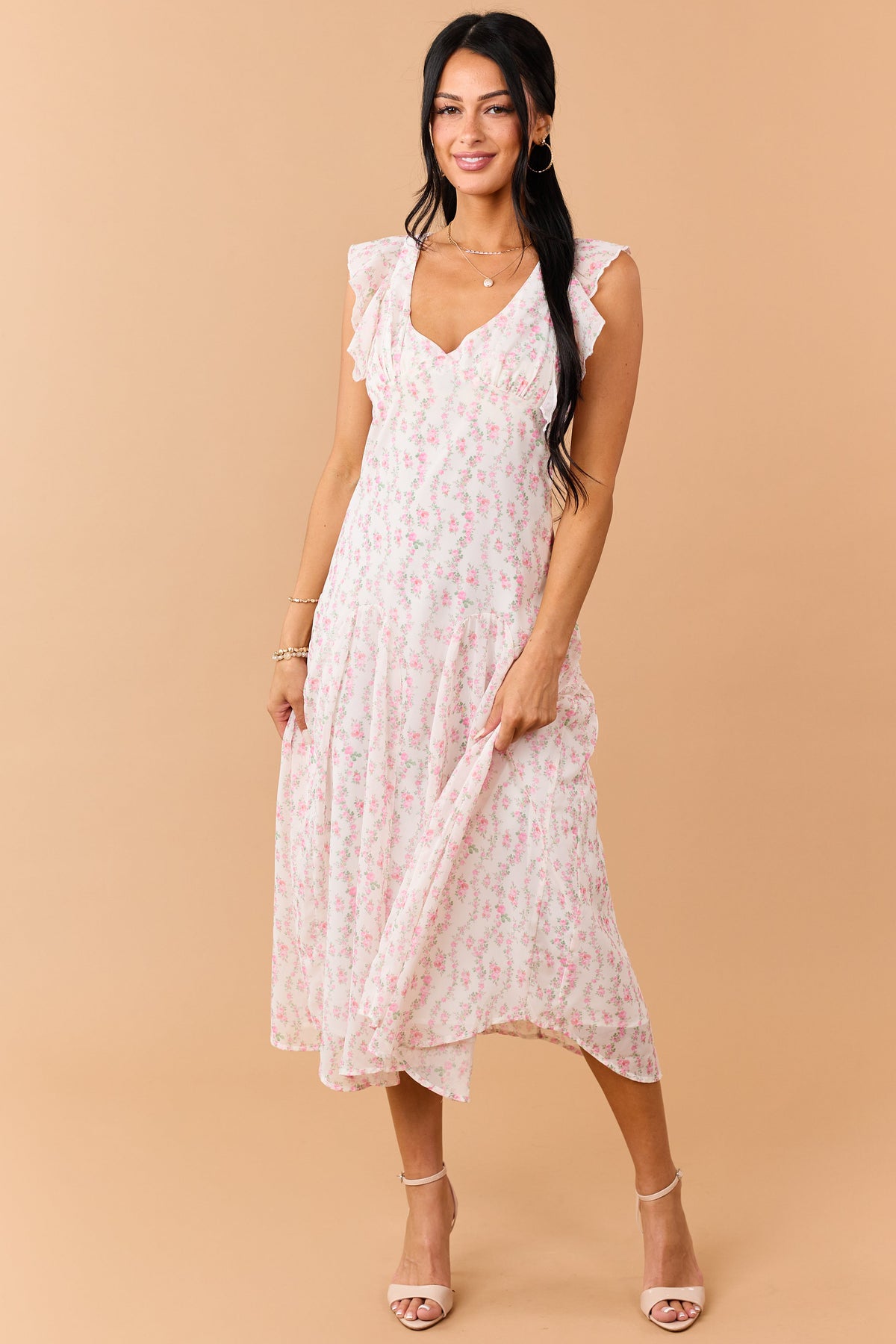 Ivory Floral Print V Neck Flutter Sleeve Midi Dress