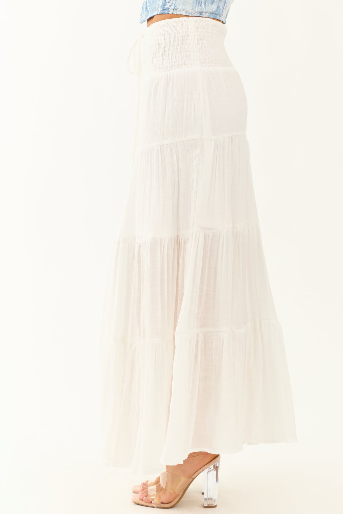 Ivory Tiered Smocked Drawstring Waist Maxi Skirt