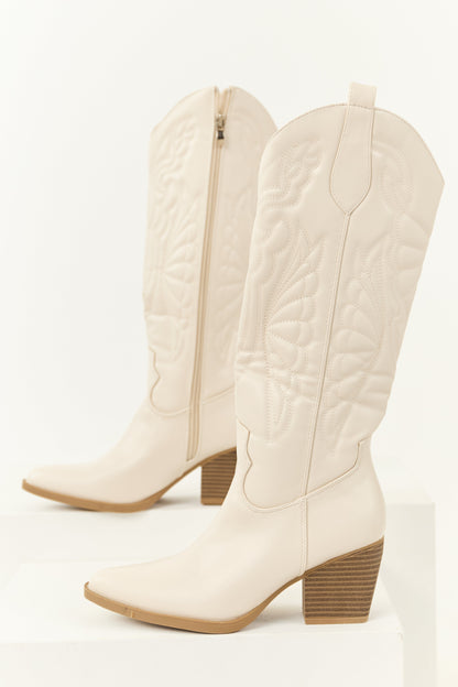 Ivory Faux Leather Tall Block Heel Cowboy Boots