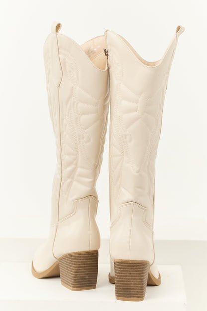 Ivory Faux Leather Tall Block Heel Cowboy Boots