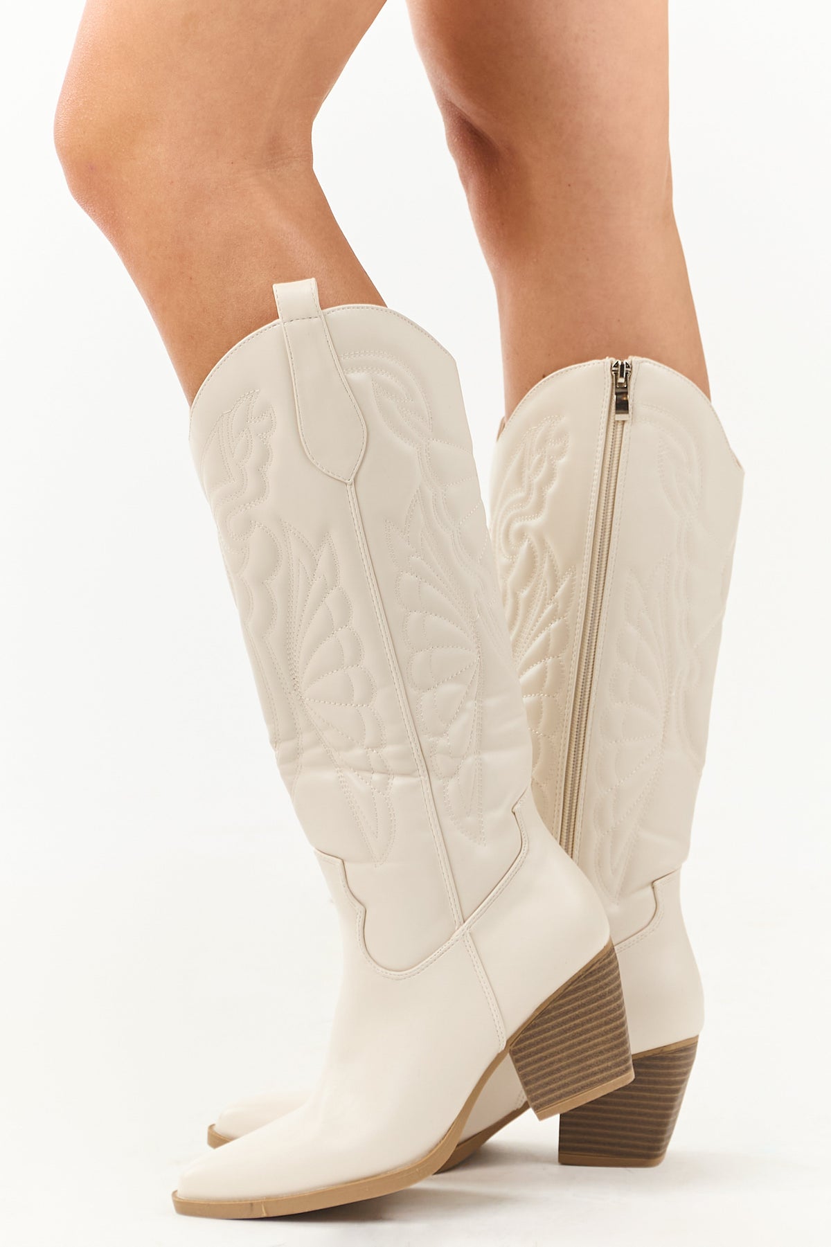 Ivory Faux Leather Tall Block Heel Cowboy Boots