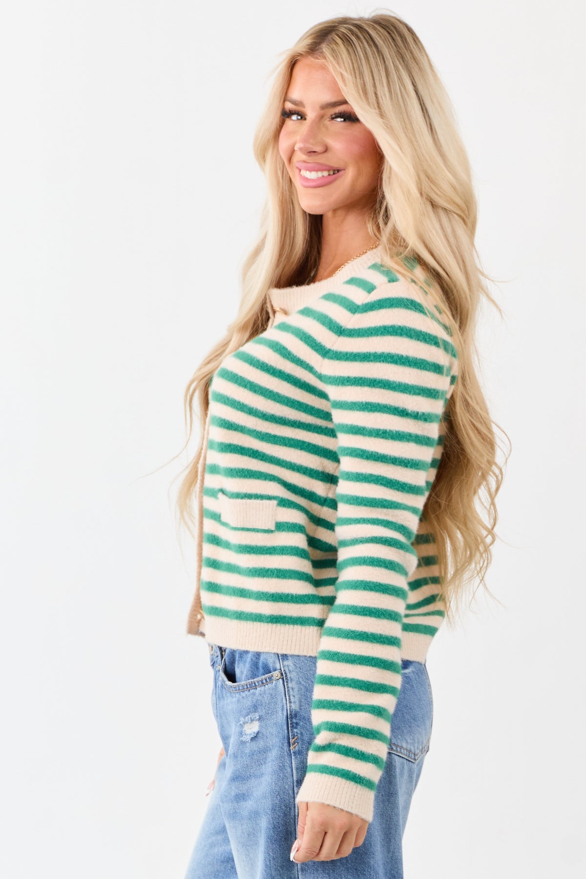 Jade and Champagne Striped Button Up Cardigan