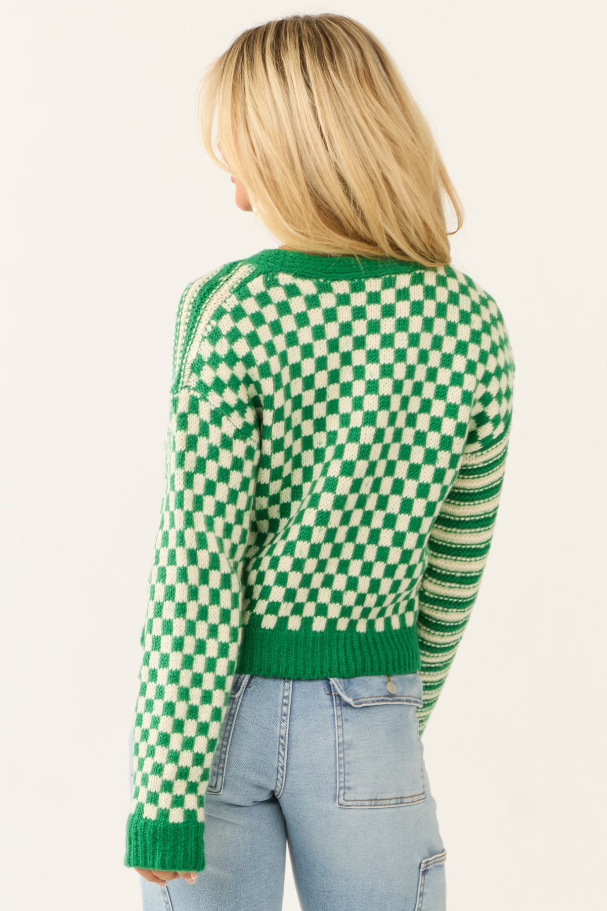 Jade and Cream Checkered and Stripe Print Cardigan