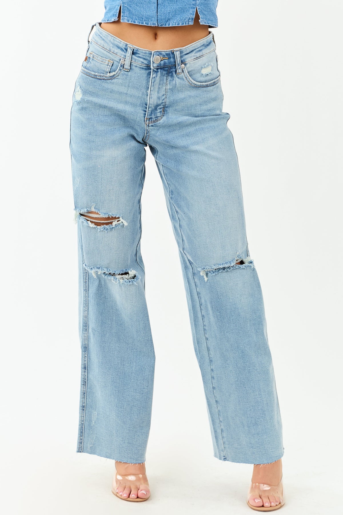 Judy Blue Tummy Control Distressed Stretchy Wide Jeans
