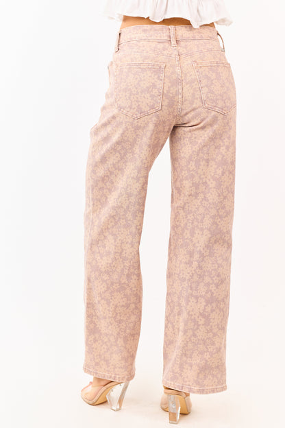 KanCan Mauve Floral Print Wide Leg Stretch Jeans