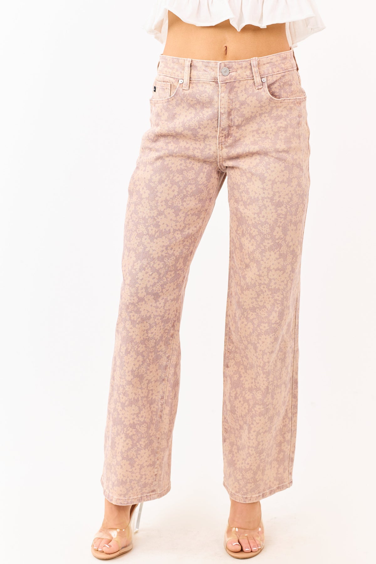 KanCan Mauve Floral Print Wide Leg Stretch Jeans