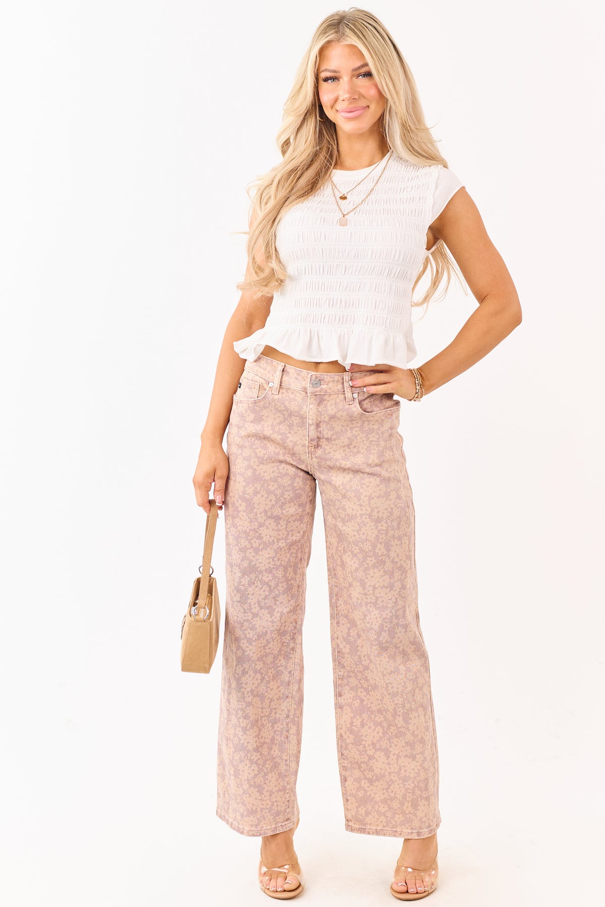 KanCan Mauve Floral Print Wide Leg Stretch Jeans