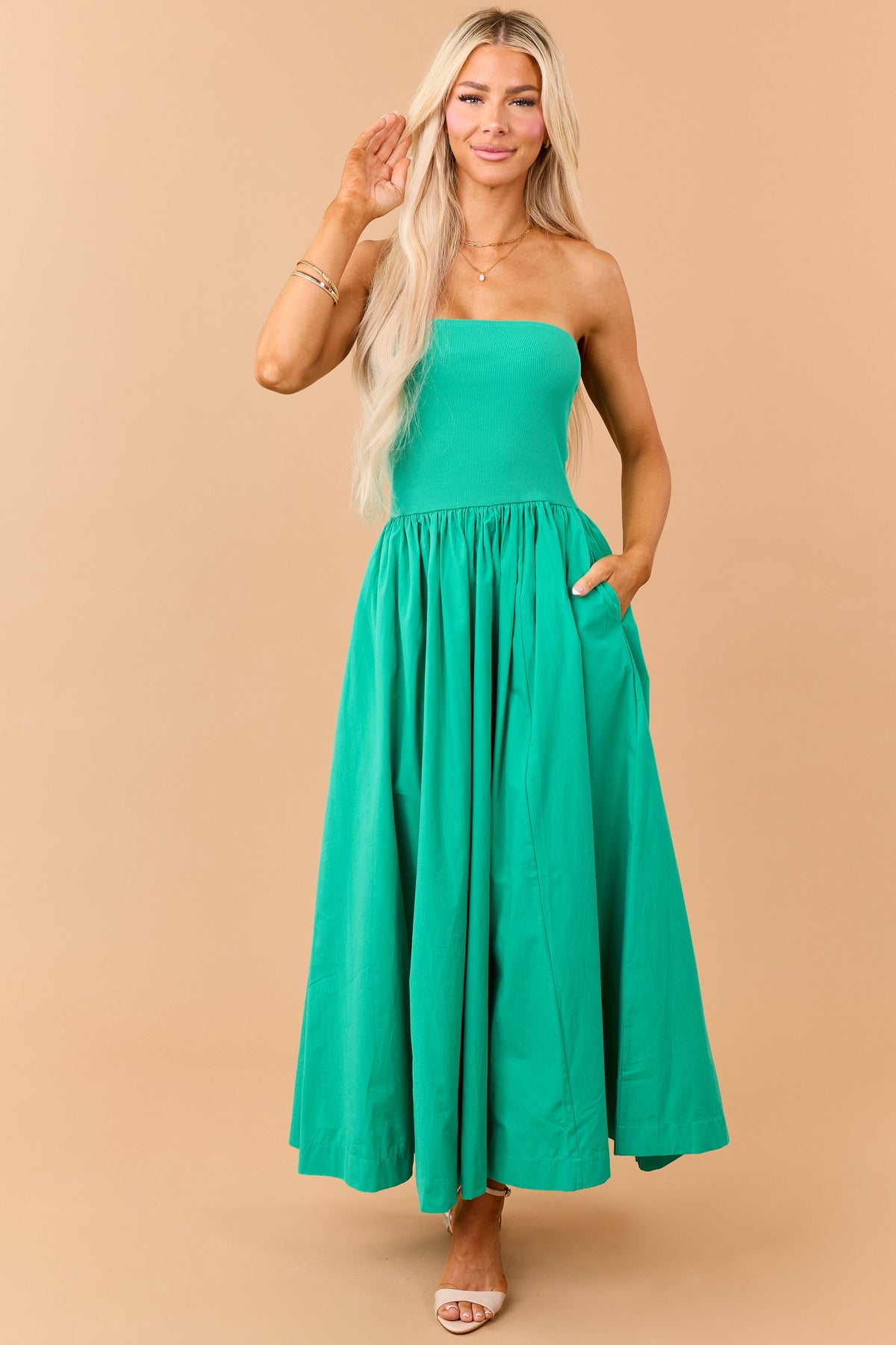 Kelly Green Strapless Knit Contrast Cotton Maxi Dress