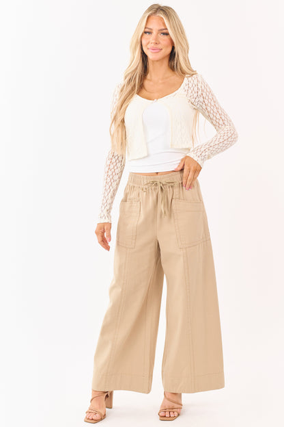 Khaki Elastic Drawstring Waist Wide Leg Twill Pants