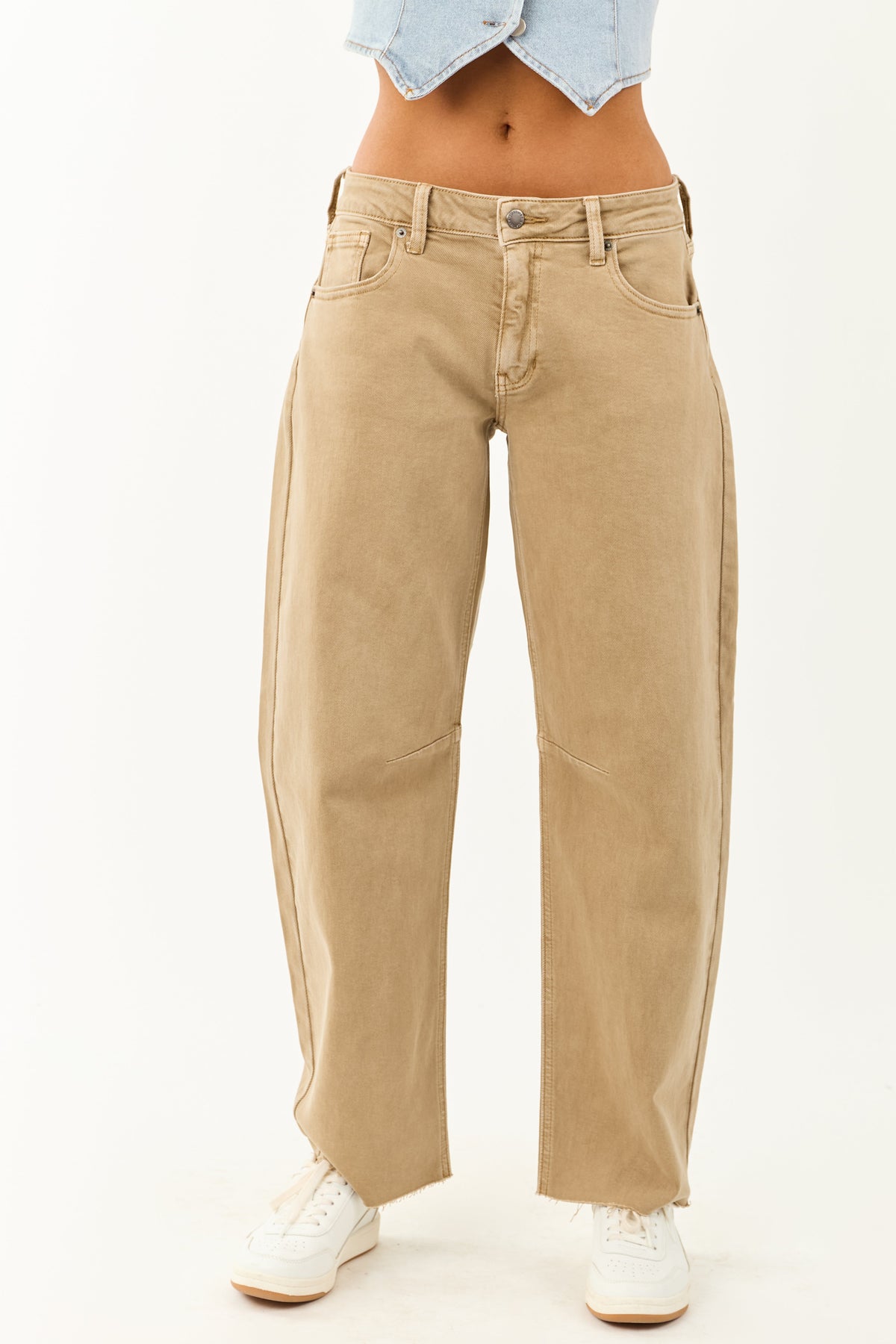 Khaki Mid Rise Raw Hem Barrel Jeans