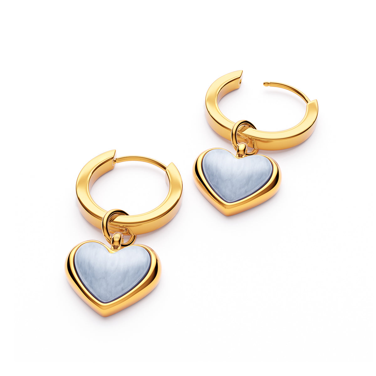 Light Blue Lace Agate Heart Huggie Earrings Set (Gold)