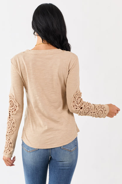 Latte Crochet Lace Sleeve Henley Cotton Top