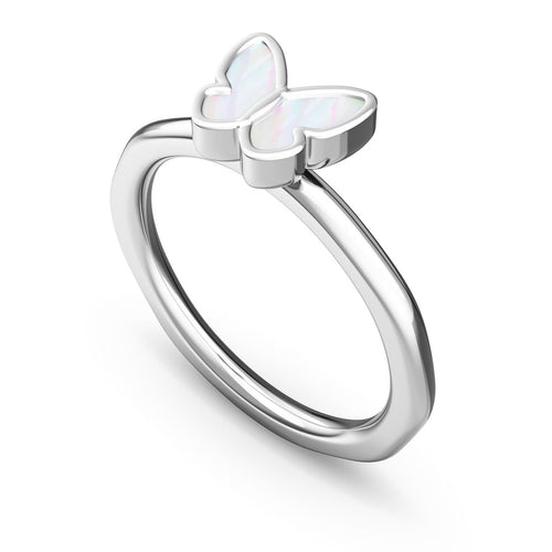 Layering Sterling Silver Molten White Mother of Pearl Butterfly Ring (Silver)