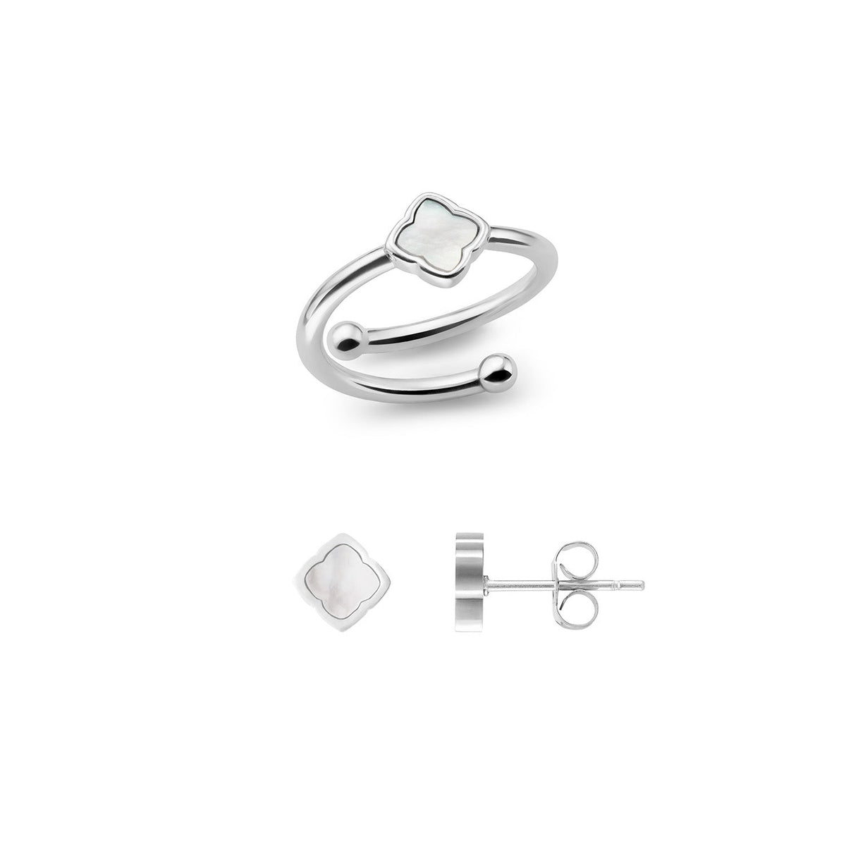 Mini Pearl Clover Ring & Earrings Set (Silver)